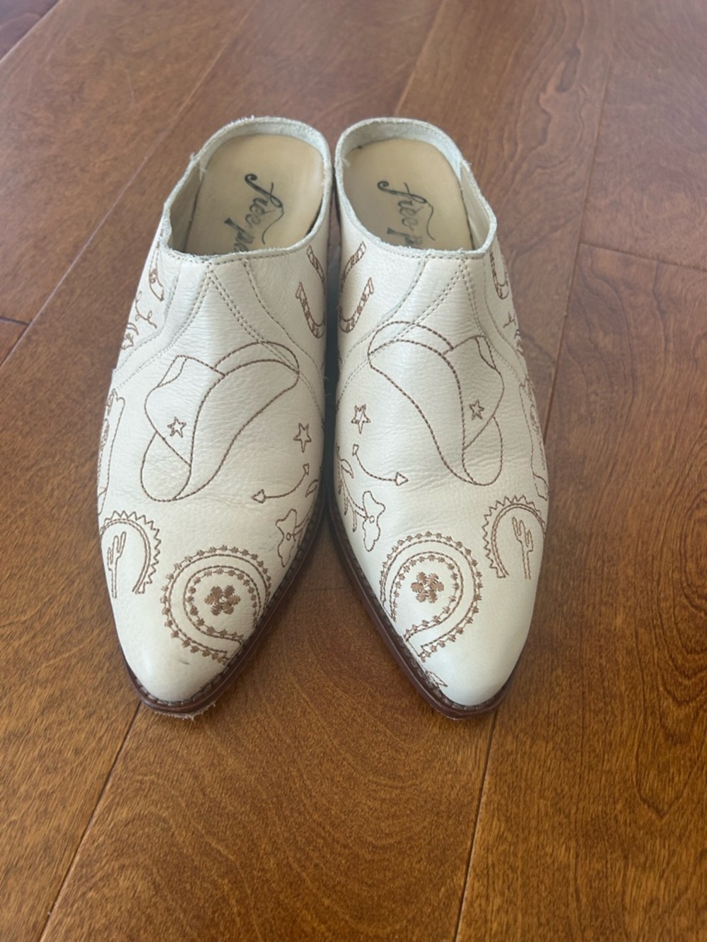Free People Cream Embroidered Western Mules